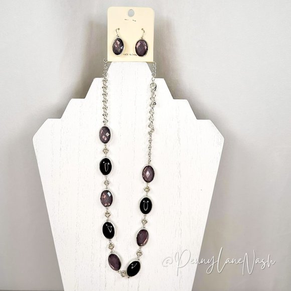 Vintage Jewelry - Vintage Oval Gem on Silver Chain Necklace & Earrings Set